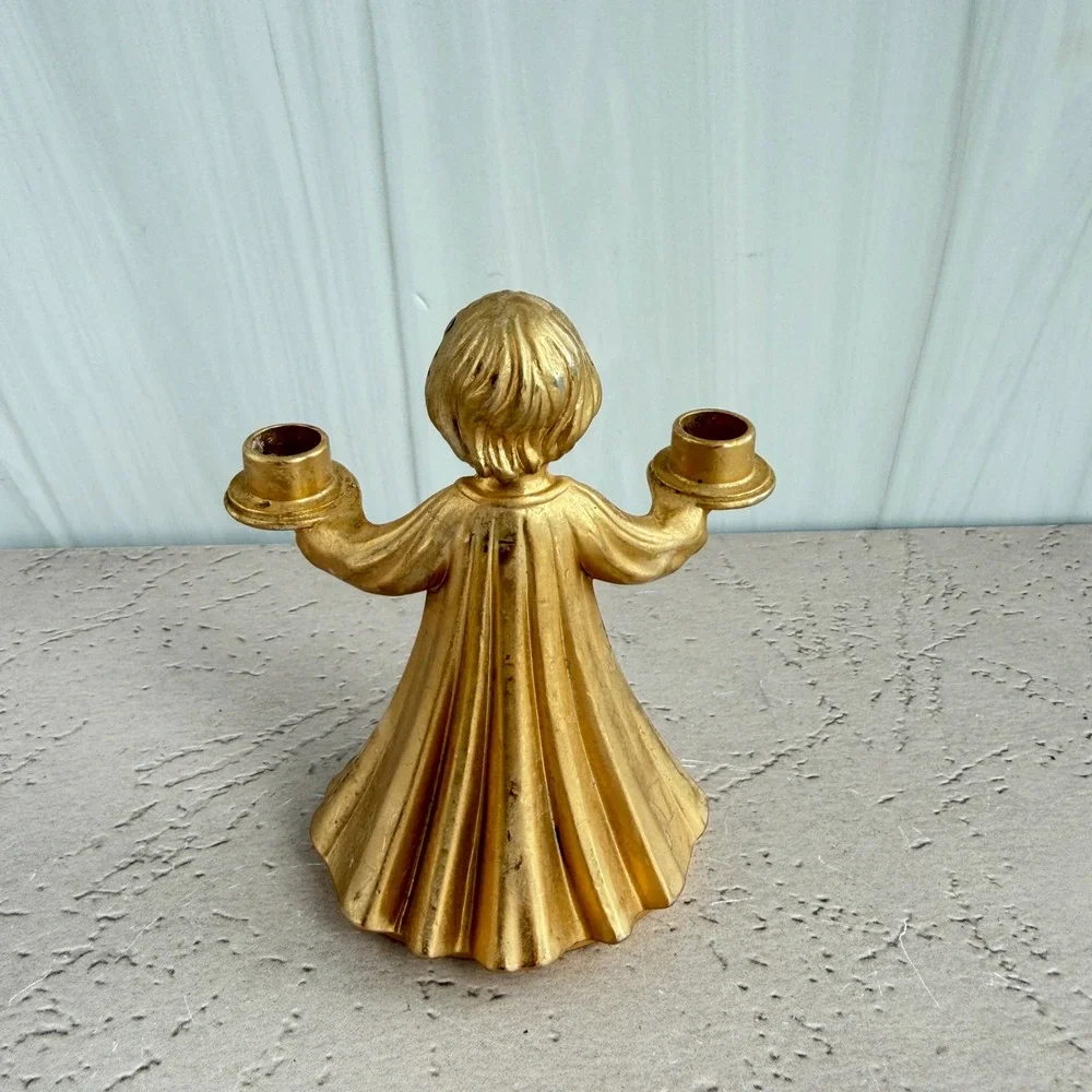 Vintage Gold Tone Metal Angel Choir Boy Double Candle Holder Chime Taper B Mark